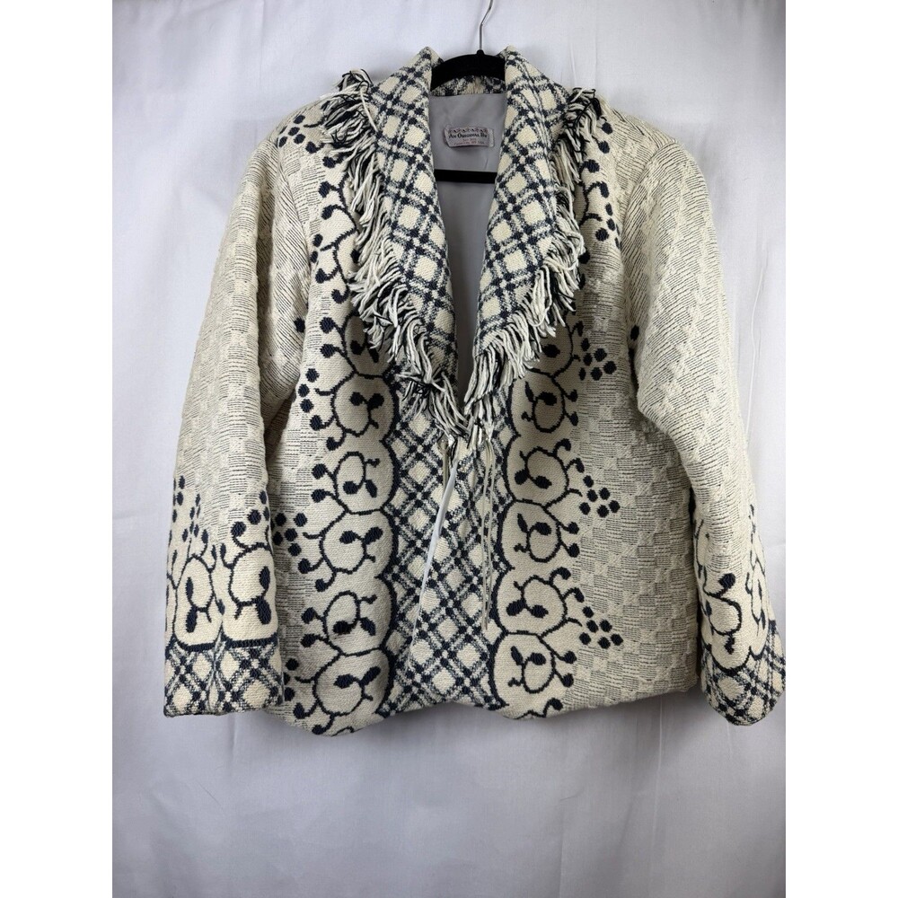 Vintage Woven Tapestry Coat Jans Jems Carson City Blueberry Plaid Fringe